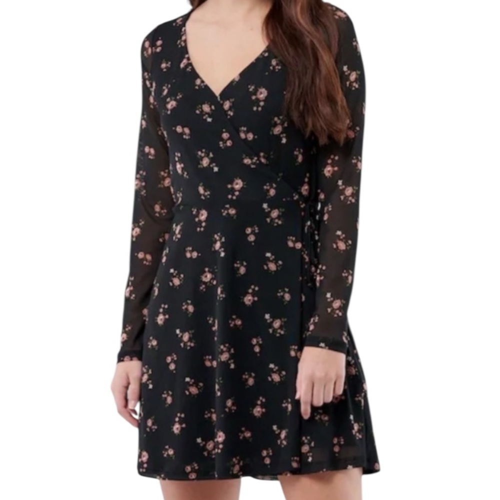 Hollister Wrap Black Dress with Ditzy Floral Mesh Overlay Y2K 90s XLarge